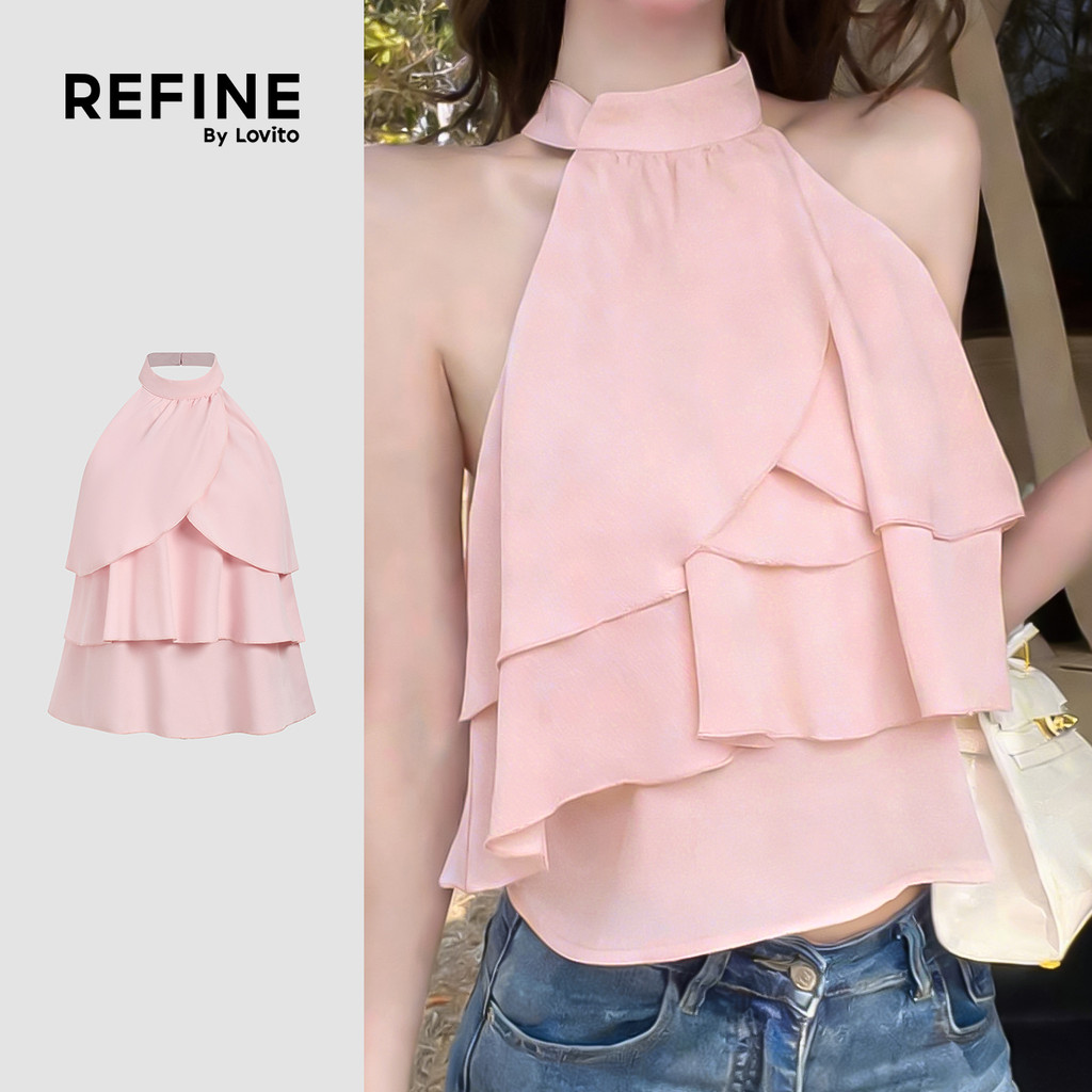 (Refine by Lovito) Top Elegante Babados No Ombro e Costas Abertas para a Primavera/verão Rosa para mulheres. LR32E057