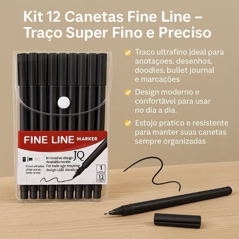 Caneta Fine Line Preta Ponta Fina para Bullet Journal Kit 1/6/ 12  Unidades Traço Fino