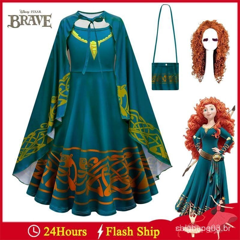 Fantasia de Natal da Princesa Merida BRAVE para Meninas, Vestido Longo com Capa, Conjunto Completo, Fantasia de Hallowee