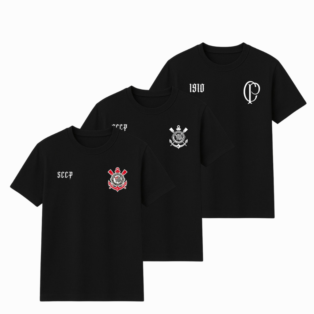 Kit 3Camiseta Corinthians Timão Sccp CP 1910 Fiel Torcida Gaviões da Fiel P9 Bando de Louco