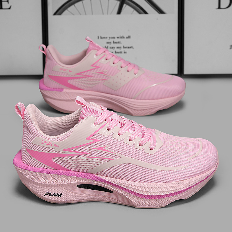 Imagem Tênis Esportivos Unissex Respiráveis Rosa com Sola Macia Elástica e Placa de Carbono para Corrida