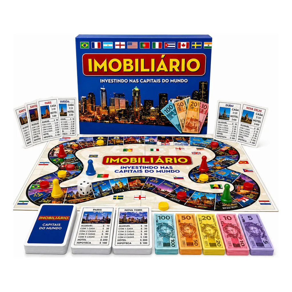 Jogo Imobiliário Tabuleiro Capitais Mundo Completo Infantil