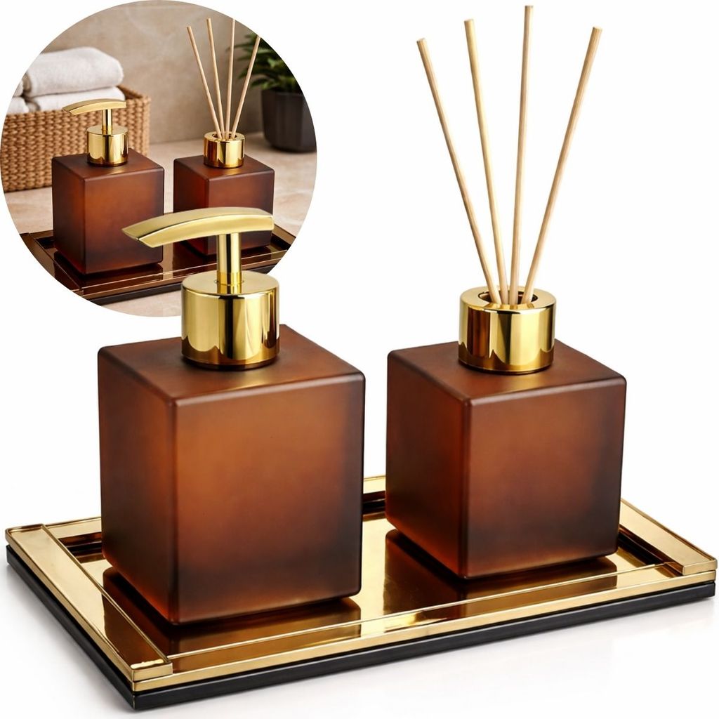 Kit Banheiro Cubo Fosco Luxo Difusor Aromatizador Saboneteira e Bandeja Trama Decorativa