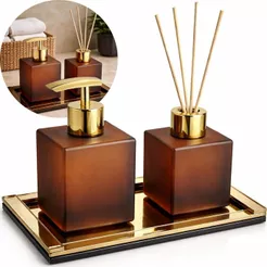 Kit Banheiro Cubo Fosco Luxo Difusor Aromatizador Saboneteira e Bandeja Trama Decorativa