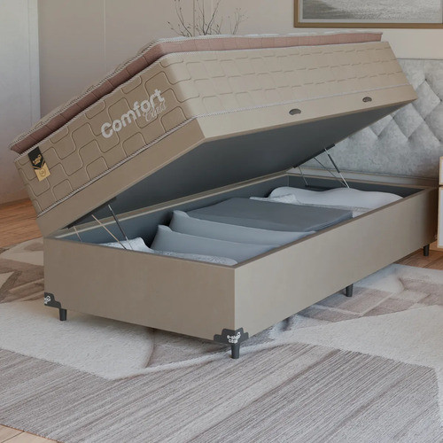 Cama Box Baú Solteiro + Colchão Comfort Class Pillow Top Bege/suede Bege