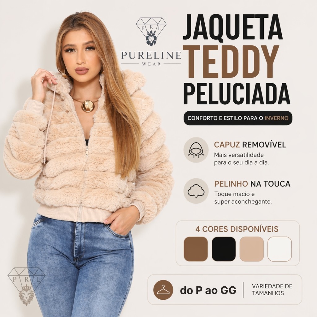 Jaqueta Puffer Teddy Pelúciada Feminina Inverno Pelinhos frio intenso confortável