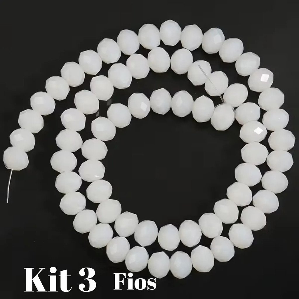 Kit 3 Fios De Miçanga Cristal Guia Vidro Branco 8mm Branco 40 Cm 8 Mm