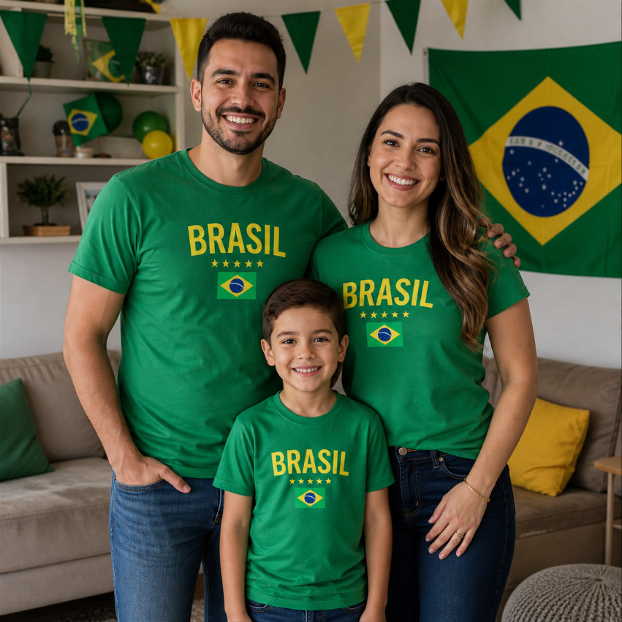 Camiseta Brasil Familia Camisa Copa Adulto e Infantil Varias Cores Blusa Tendencia Casual