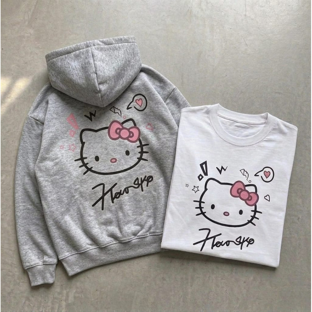 Kit Moletom e Camiseta Infantil Versátil Americano Retro HelloKitty Moletom Com Capuz Unissex