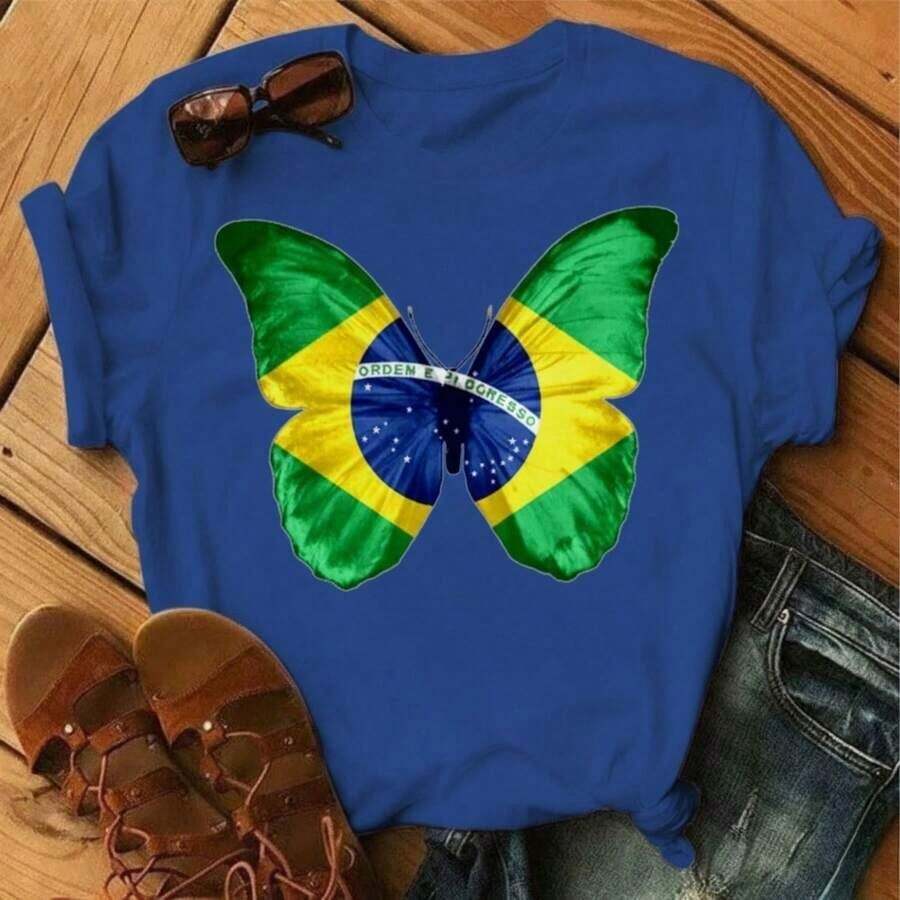 Camiseta Feminina Brasil T-Shirt Borboleta Bandeira Blusa Copa Estoque no Brasil