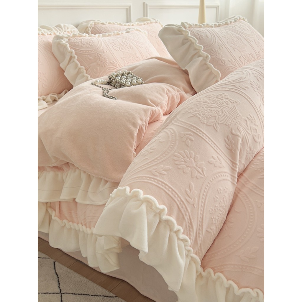 Estilo princesa renda leite veludo conjunto de quatro peças inverno engrossado luz francesa luxo esculpido dupla face co