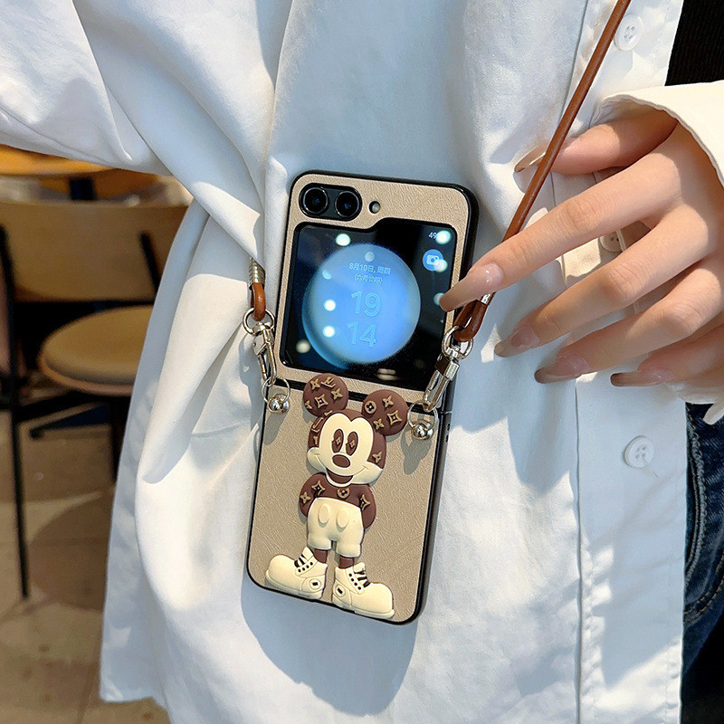 Para Samsung Galaxy Z Flip 8 7 FE 6 5 4 3 5G Clássico Flor Dos Desenhos Animados Mickey Mouse Crossbody Alça Longa Capa 