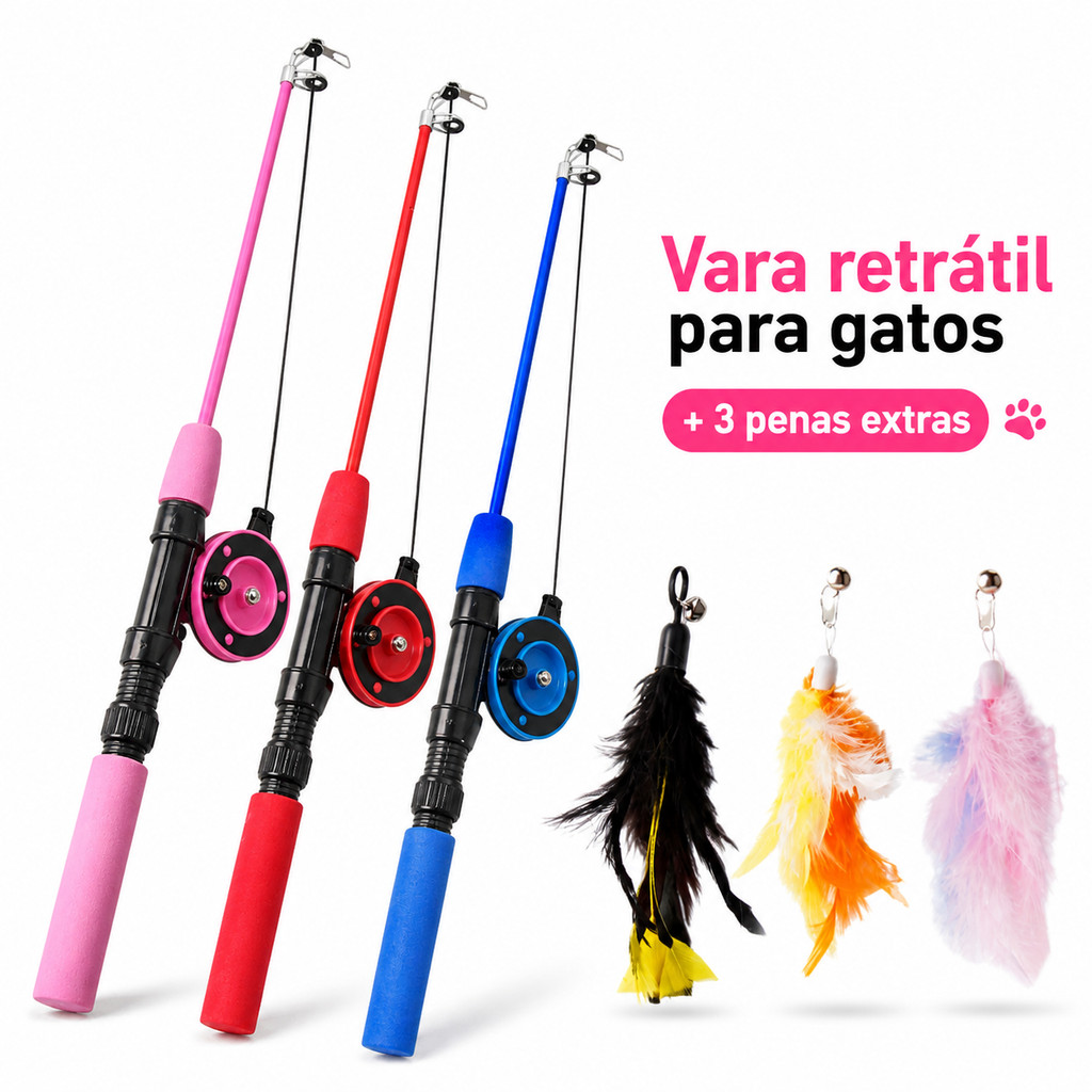Kit Varinha para Gatos Brinquedo Interativo Retrátil com Carretilha e 3 Refis de Pena para Gatos Filhotes e Adultos