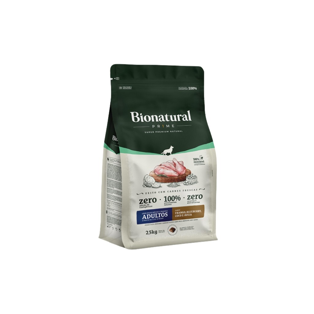Ração Bionatural Prime Cães Adultos Raças Pequenas Frango, Blueberry, Coco e Aveia 2,5Kg