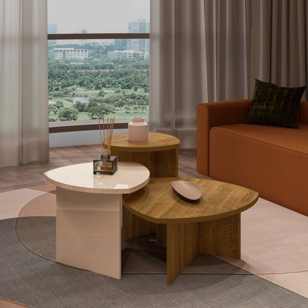 Kit 3 Mesas Laterais para Sala de Estar com 1 Mesa de Centro Oval e 2 Mesas Laterais Delta Marrom Pinho/Branco
