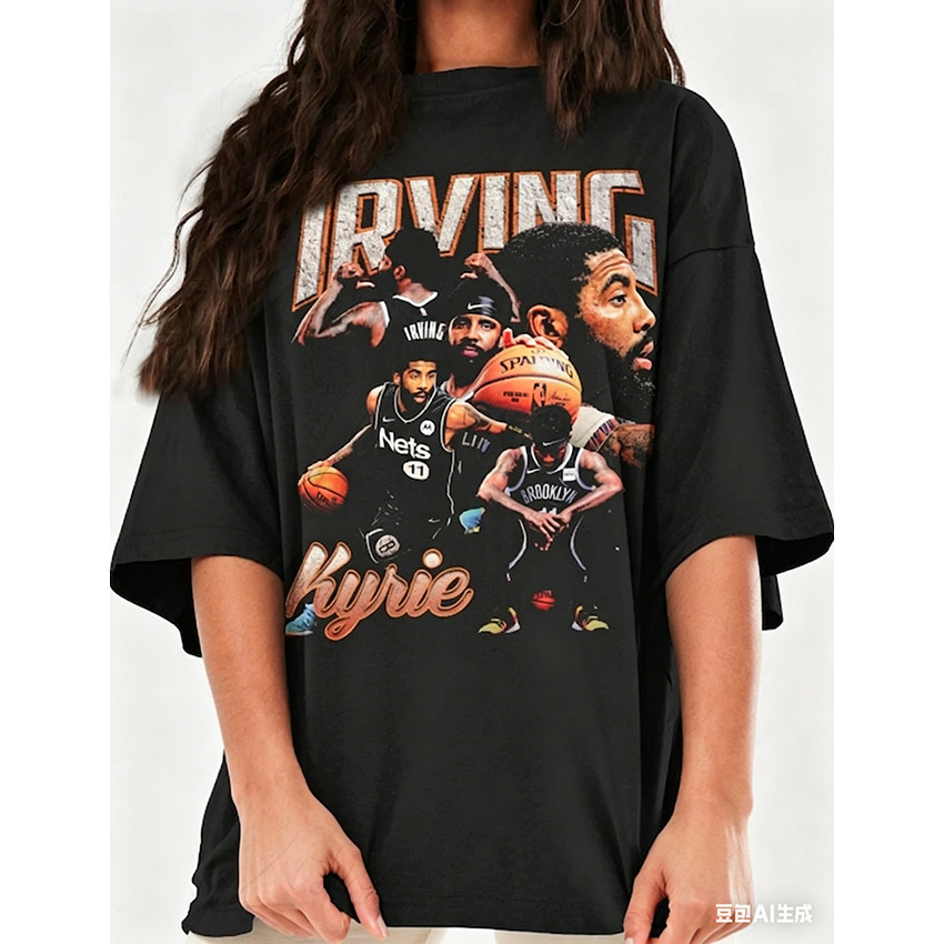 Camiseta Unissex Oversized Plus Size Feminina Masculina Estampada Kyrie Irving Brooklyn Nets Streetwear Vintage Basquete