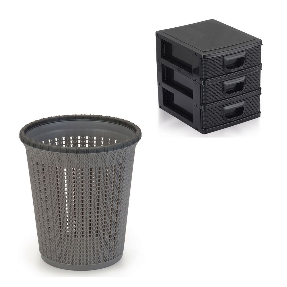 Combo Organização Para Pequenos Espaços Lixeira Rattan + Mini Gaveteiro 3 Gavetas Mesa De Estudo