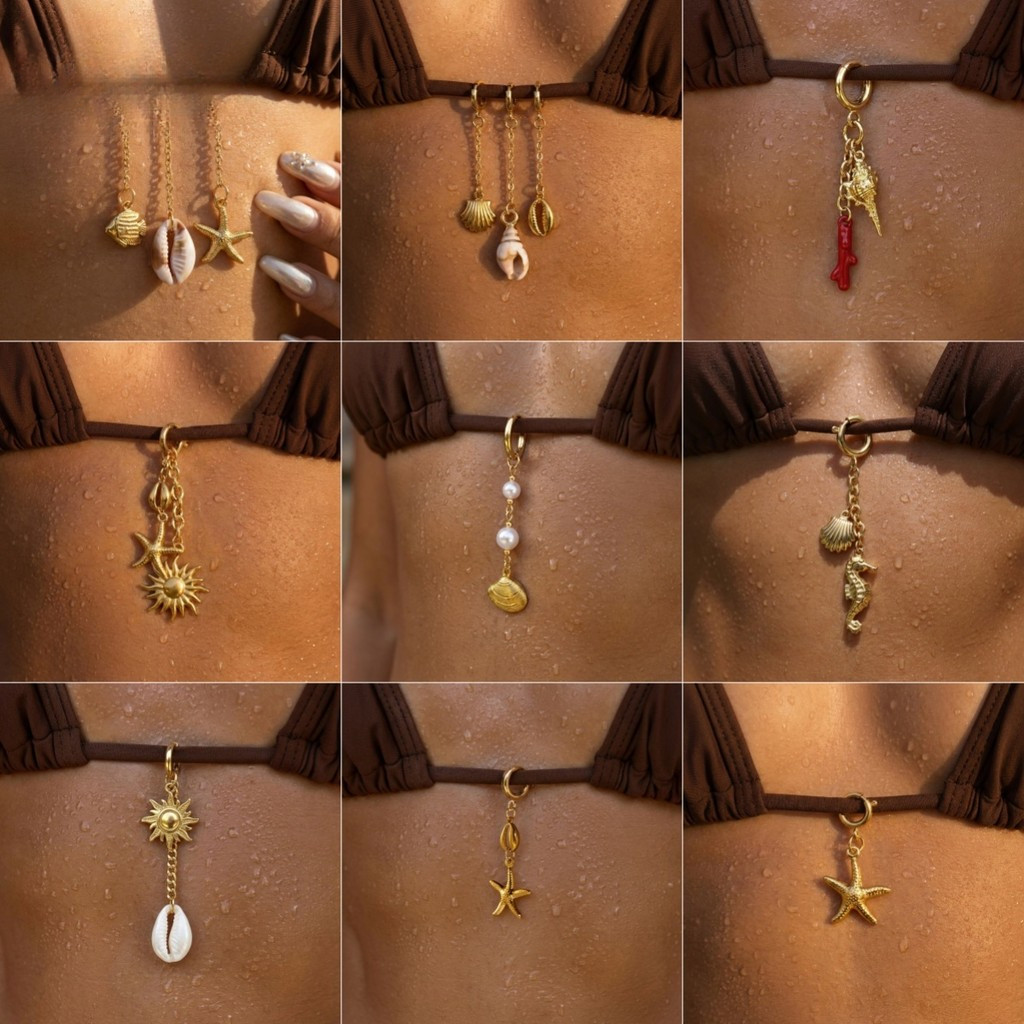 Benge Pingente de Concha e Estrela-do-mar para Biquíni, Joia Corporal para Mulheres, Aço Inoxidável, À Prova d'Água, Ban