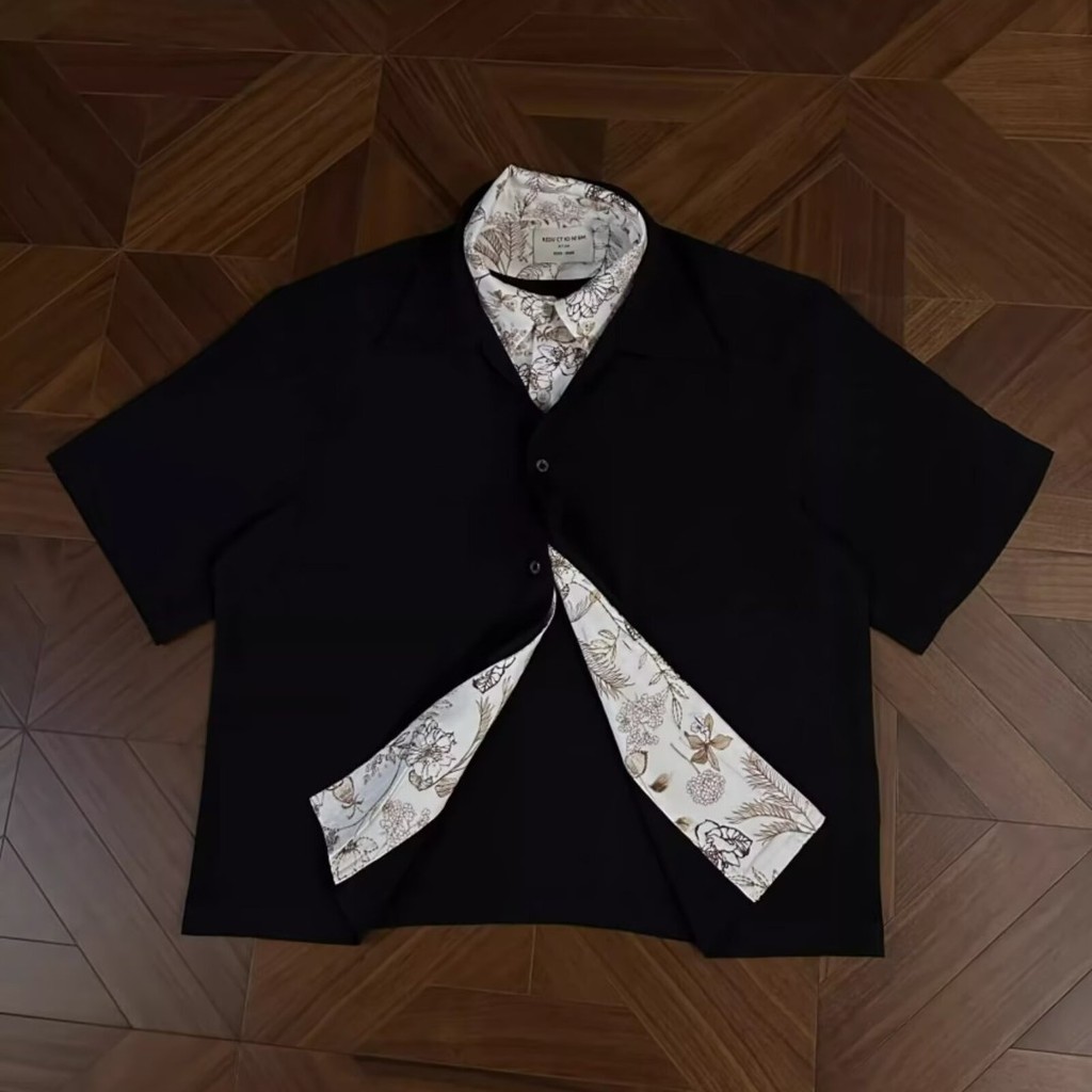 Camisa masculina de manga curta com forro Floral preto | Camisa Masculina Solta