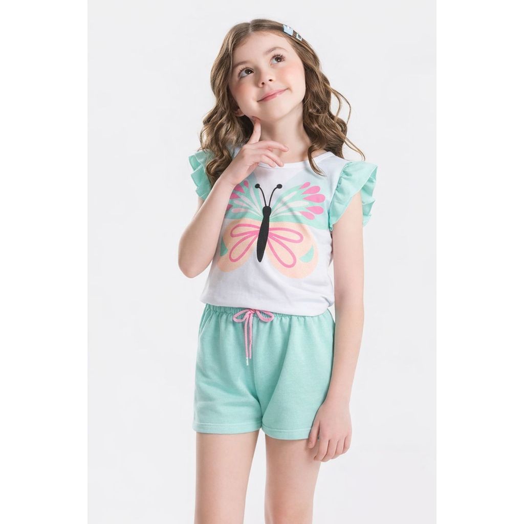 Conjunto Infantil Verão Feminino com Manga Babado Butterfly - Verde | ED KIDS