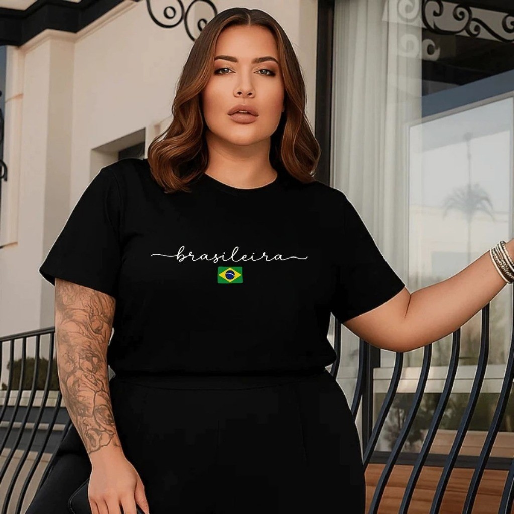 T-shirt Feminina Plus Size Camiseta Estampa Brasil Brasileira Algodão Blusa Feminina Tamanho Grande