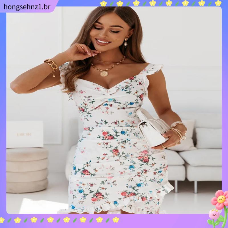 Moda Floral Imprimir Ruffles Strap Mangas Bodycon Mini Vestido Elegante Mulheres Verão Sexy Decote Em V Partido Magro P
