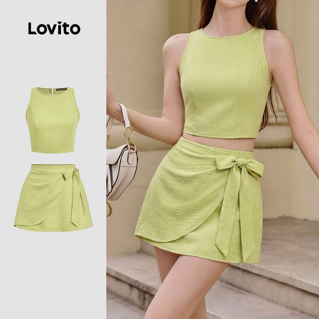 Lovito Conjuntos de Saias Casuais com Laço Plissado Verde Claro Primavera/Verão LK5ED443