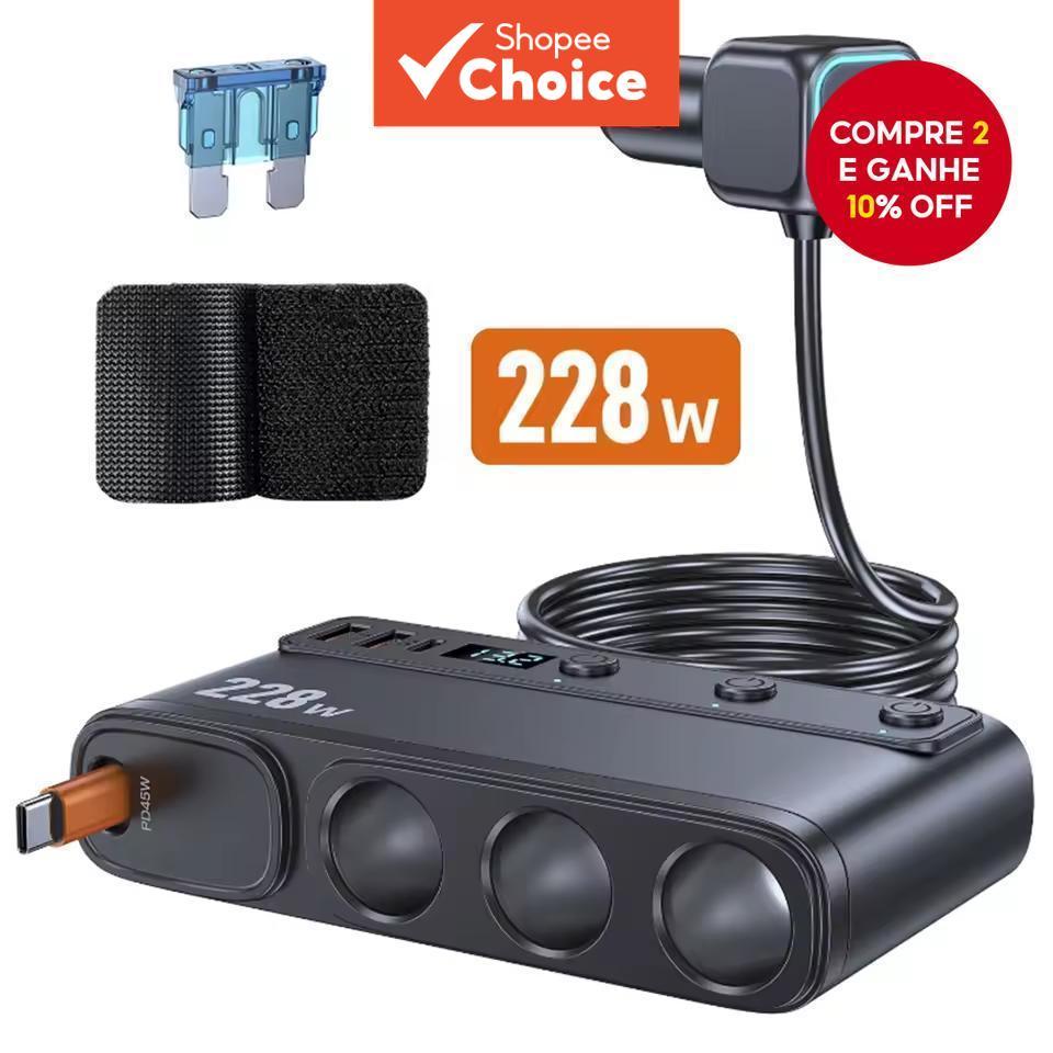  228W Adaptador Carregador de Carro 9 em 1 PD 3 Tomadas Splitter Carregamento Com Interruptores Independentes 12V 24V