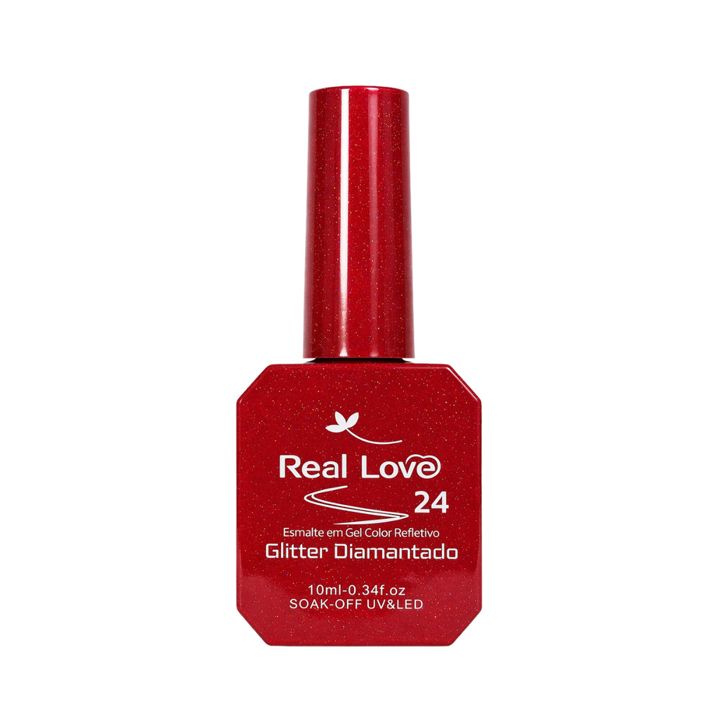Esmalte em Gel Glitter Diamante Cor 24 - Vermelho Diamante Longa Duração - Real Love