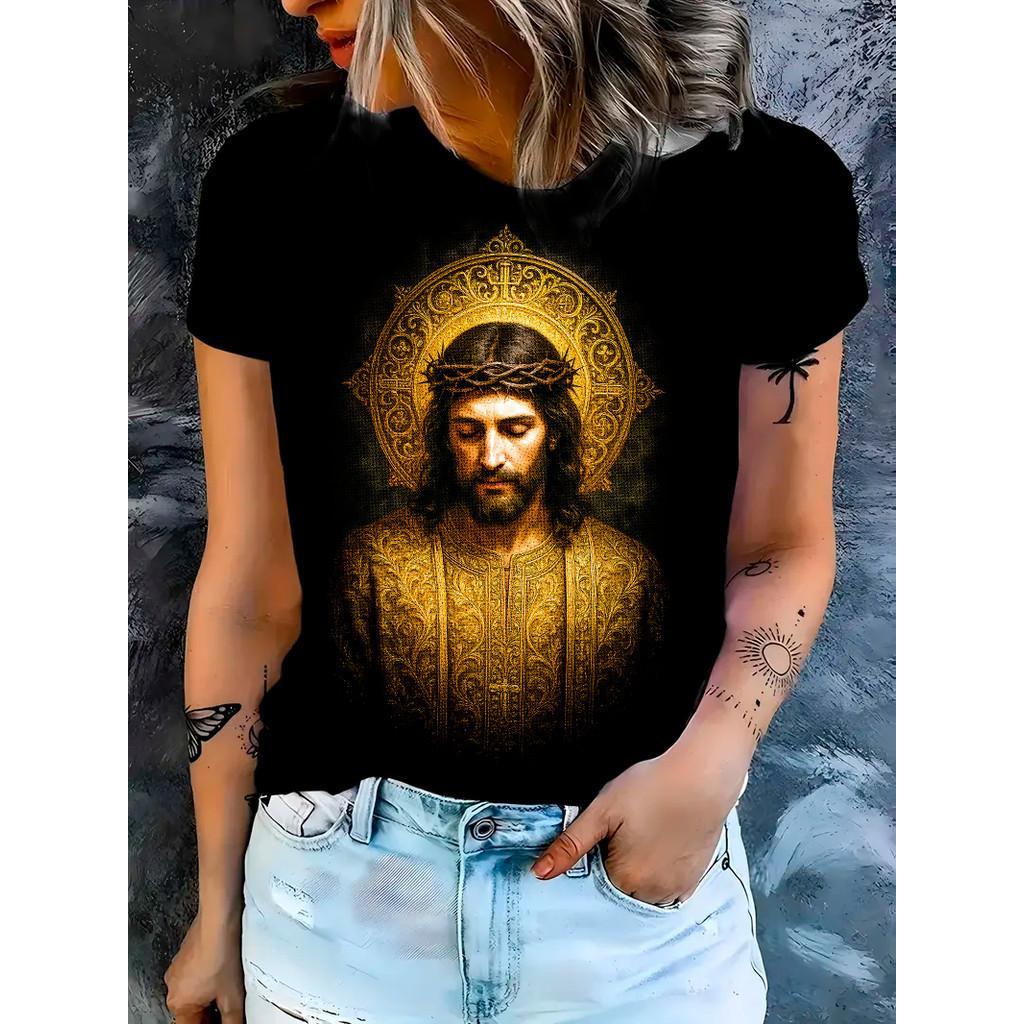 Camiseta Feminina Jesus Cristo Dourado Estampa Religiosa 100% Algodão Confortável Blusa Femenina