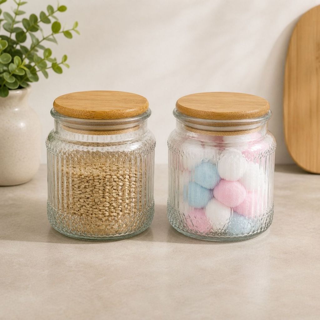 Kit 2 Potes De Vidro Com Tampa De Bambu Hermético Organizador Cozinha Banheiro  Algodão Decoração