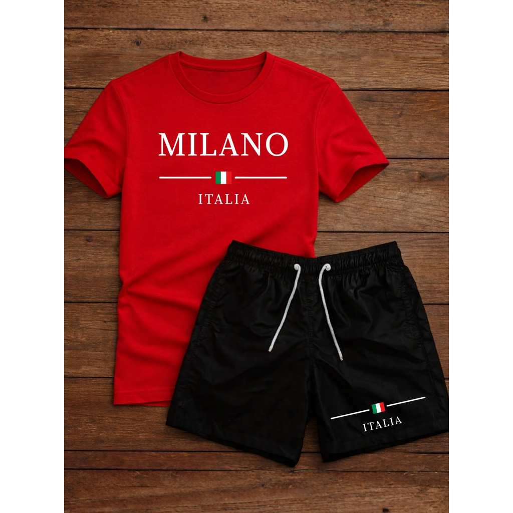 Conjunto 100% Algodão Camiseta Gola Redonda  + Short Tactel Camisa Milano Italia  Masculino Lançamento Linha Premier