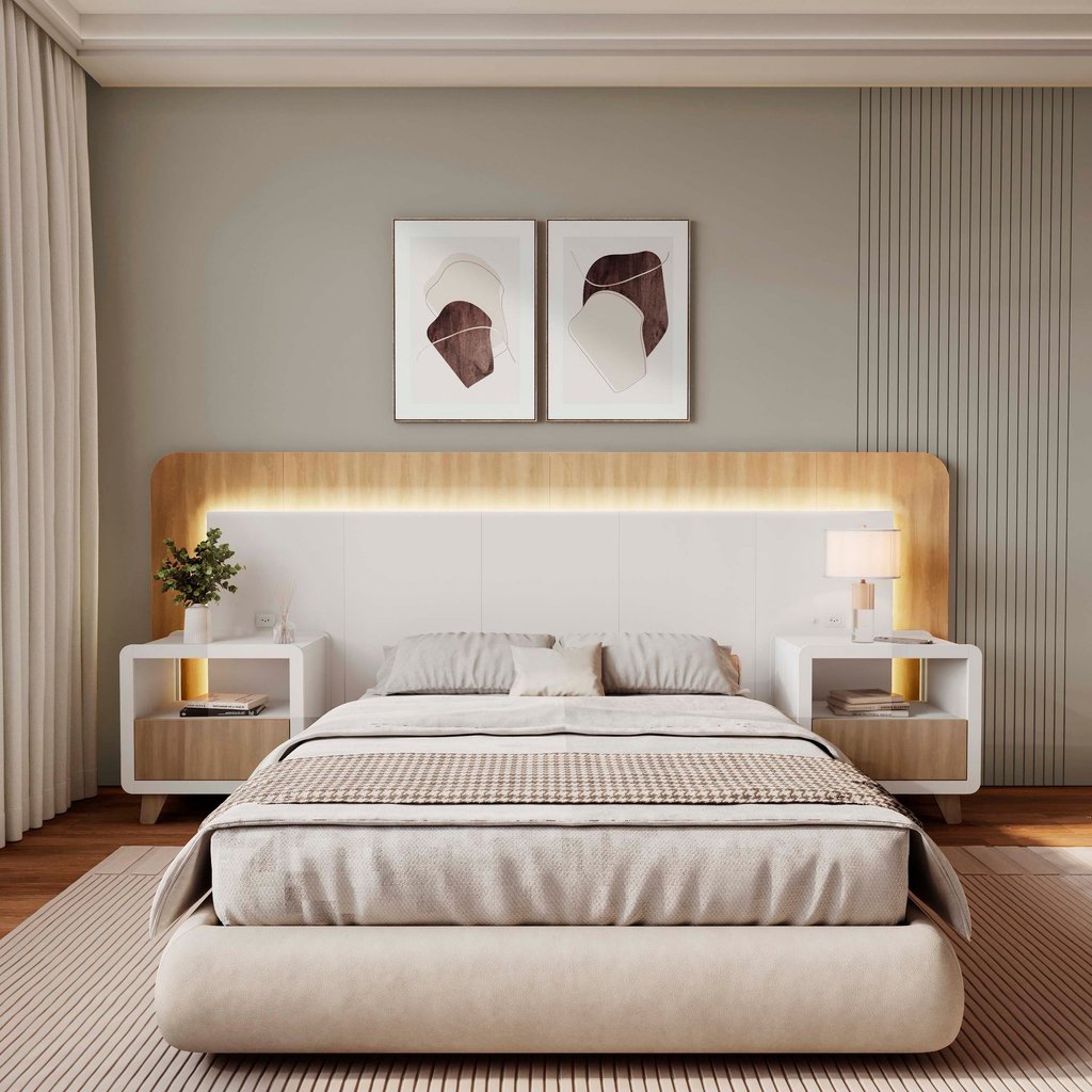 Cabeceira Casal Queen com 2 Mesas de Cabeceira LED 3000k e Tomadas 100% MDF Mabel Branco/Louro Freijó Grann