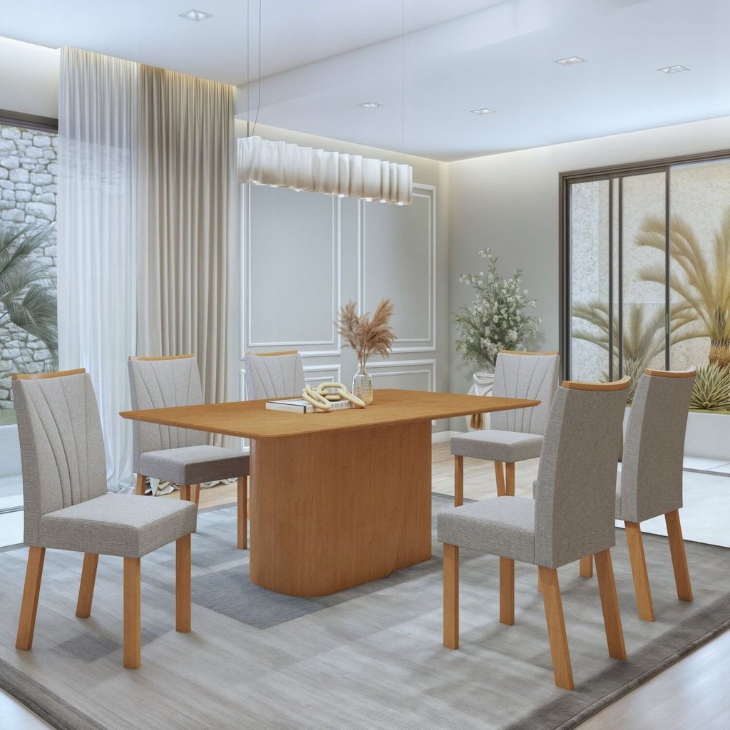Conjunto Sala de Jantar 6 Lugares Retangular Tampo MDF No Glass Mesa Luar com Cadeiras Apogeu Amêndoa Clean/Linho Cinza