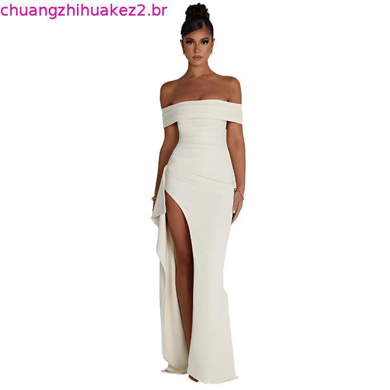 vestido longo vestido de festa Vestido Longo de Noite Feminino Sexy Ombro Descido Elegante Vestido de Festa com Fenda IB