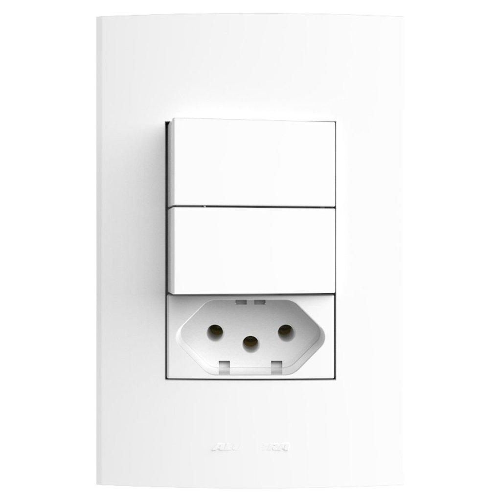 Conjunto 2 Interruptores Simples + 1 tomada 2 Pólos 10A 250V~ com placa 4x2 Inova Pro Alumbra