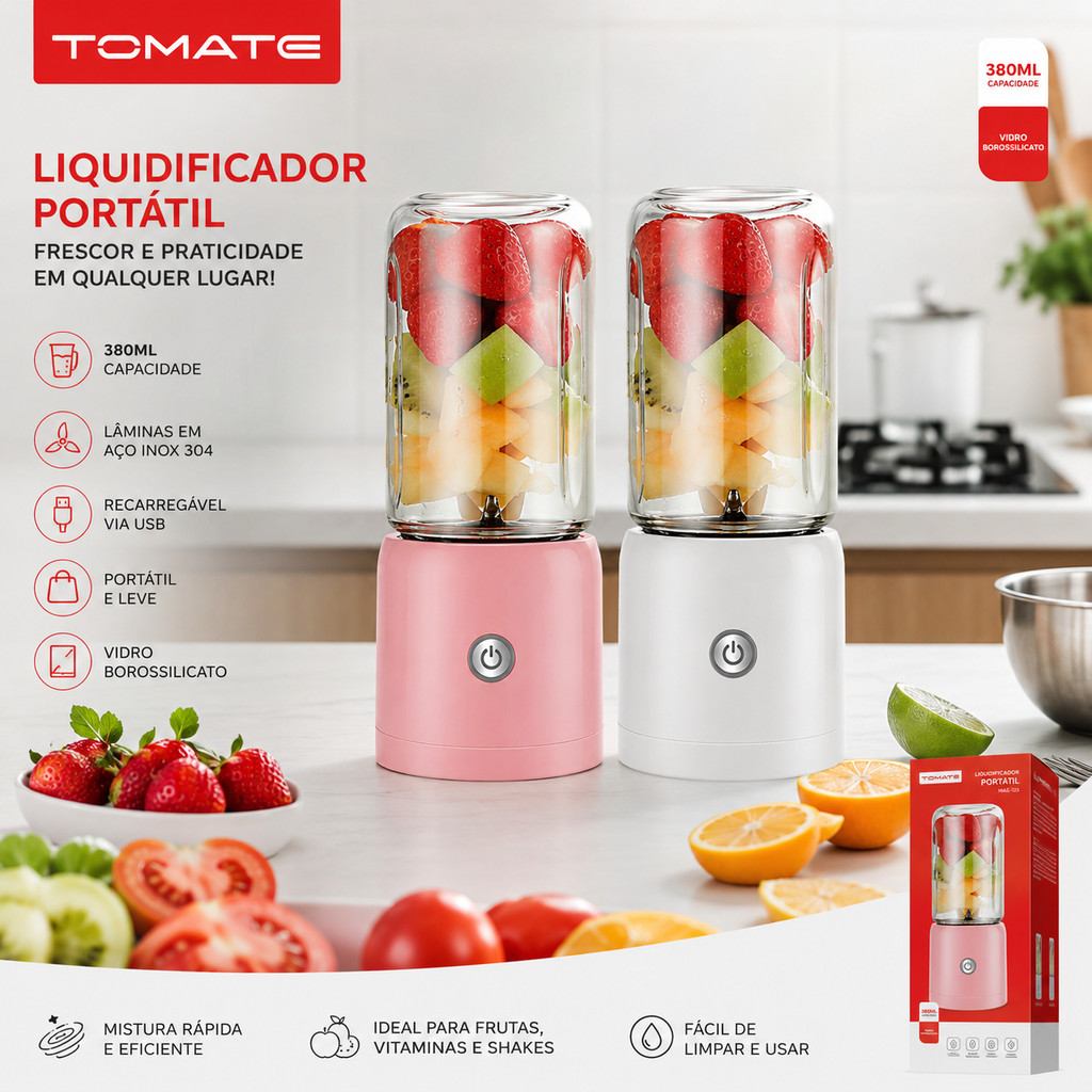 Liquidificador Portátil USB Recarregável 380ml Mixer Elétrico Mini Processador de Frutas Shake Fitness