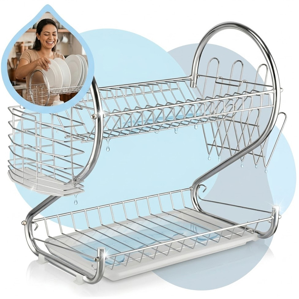 Escorredor de Louça Duplo Inox 2 Andares Porta Pratos Talheres Cozinha Moderno Resistente Shokki