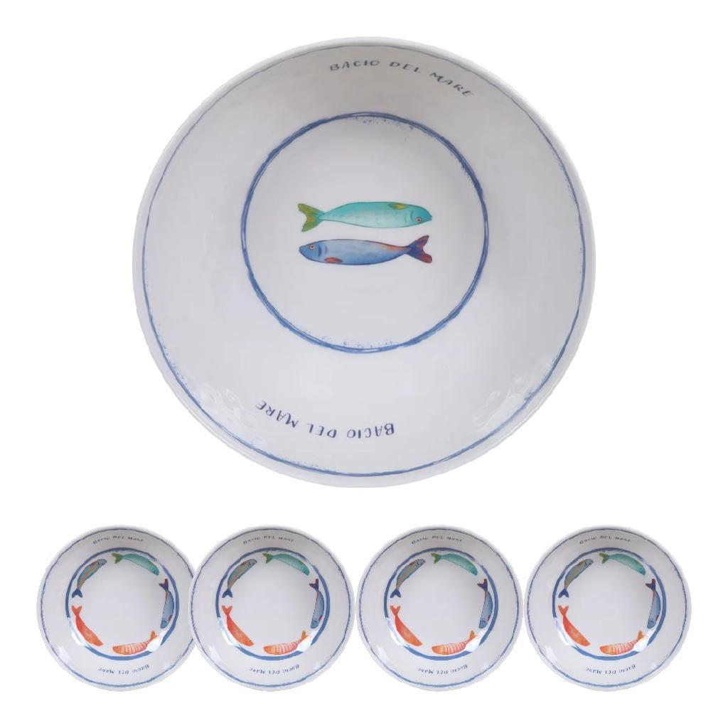 Conjunto Melamina De Servir Saladeira 3 Litros + 4 Bowls Fundo Do Mar Resistente Área Externa