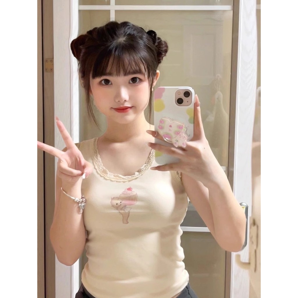 Colete de renda pequeno anjo bolo Plus Size ligeiramente gordo mm2026 primavera quente menina Design sem mangas Top curt