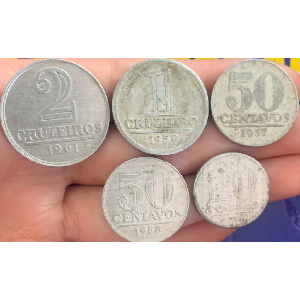 Moedas 1 Cruzeiro, 2 Cruzeiros, 20 Centavos e 50 Centavos Kit 5 Moedas