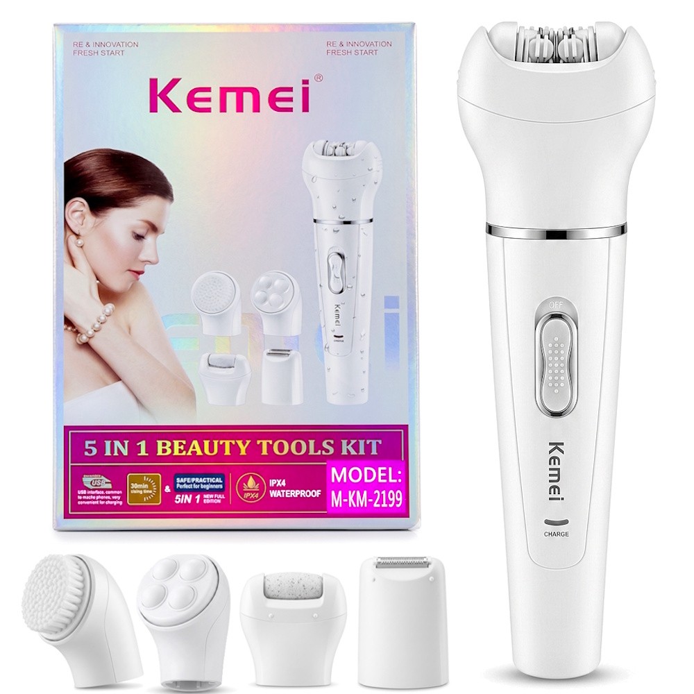 Depilador Elétrico Feminino 5 em 1 Kemei Multifuncional Barbeador Removedor de Calos Kit Beleza