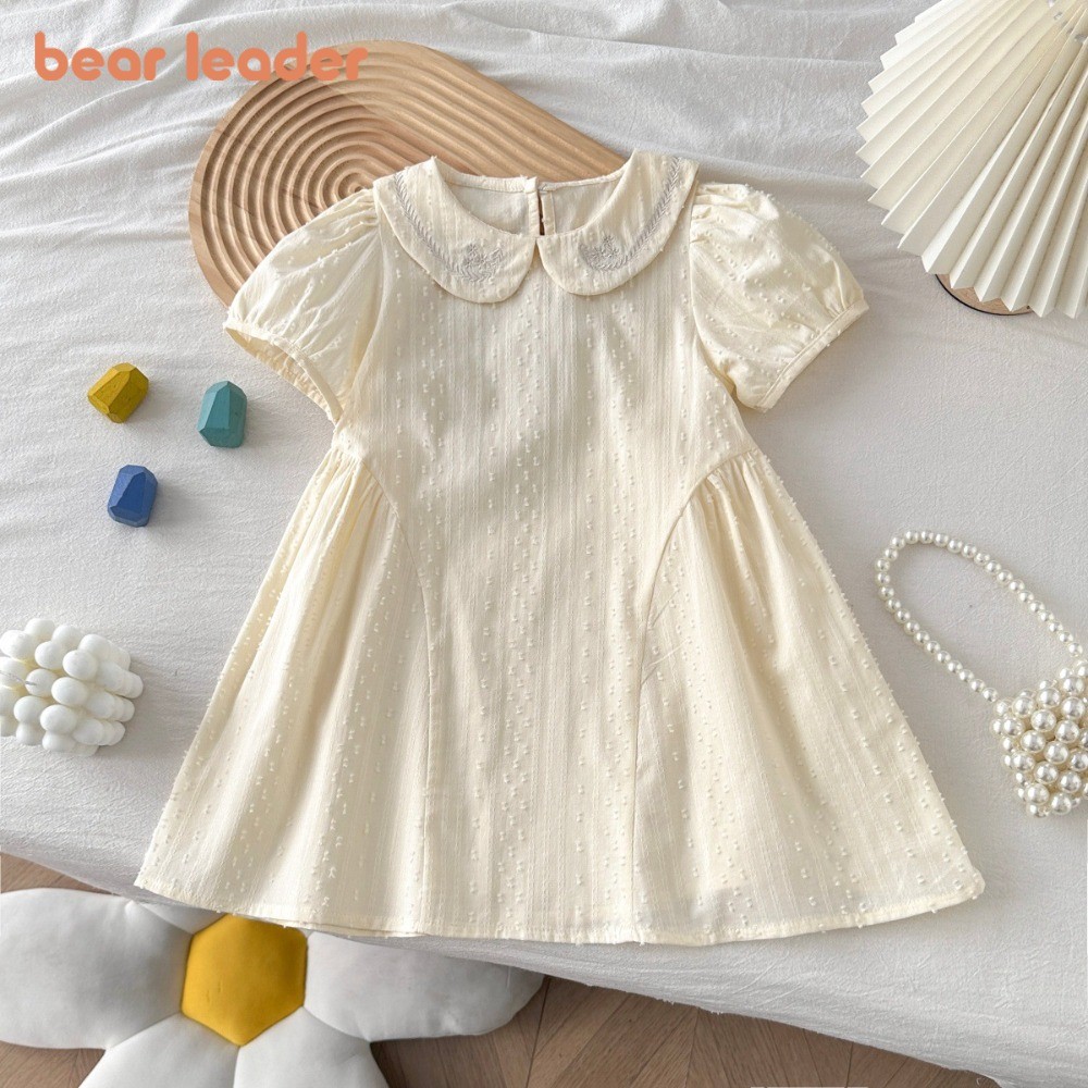 Urso Líder Versão Coreana Gola De Boneca Flor Bordado Jacquard Vestido Verão Manga Bufante Bege Roupas De Menina