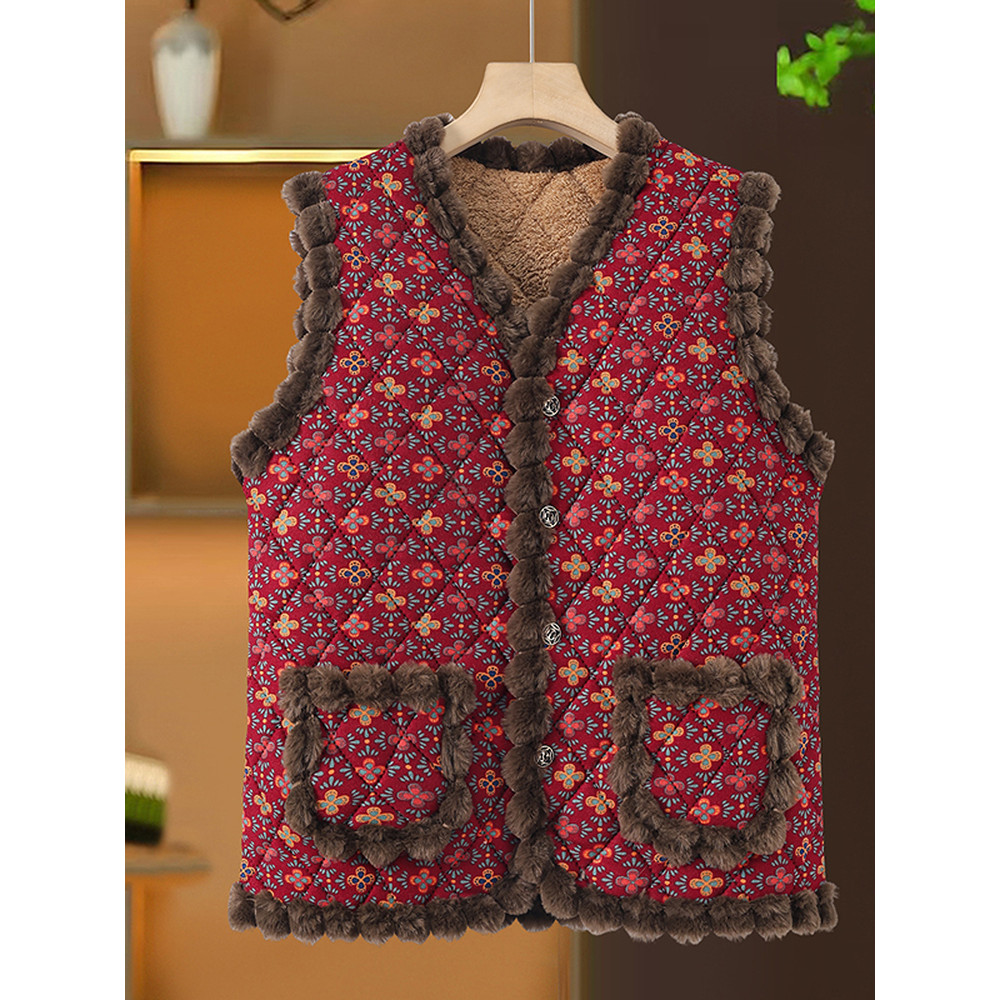 Roupas femininas idosas de meia-idade Roupas de mãe Colete Floral Estilo ocidental Roupas de outono inverno Plus Veludo
