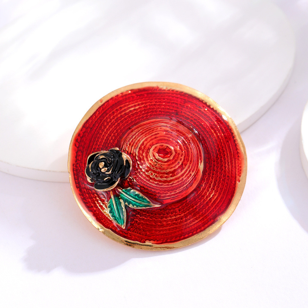 Novo estilo celebridade chapéu vermelho broche temperamento pintura vermelha óleo preto rosa chapéu acessórios pino broc