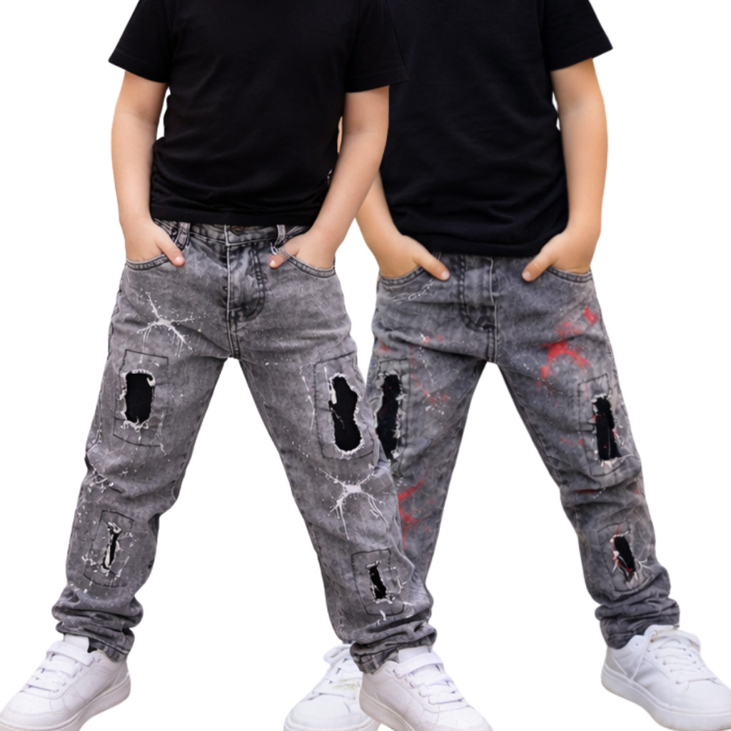 Calça Jeans Infantil Masculina Destroyed Grafite com Rasgos Estampa Street Calça Para Meninos