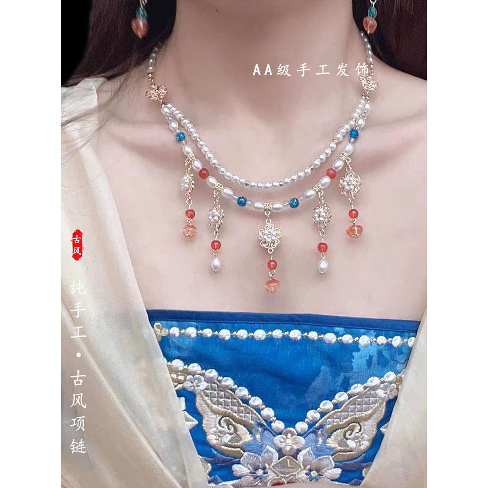 Colar antigo Hanfu Yingluo elegante pérola pingente colar feminino dinastia canção feito Tan colar diário Cheongsam aces