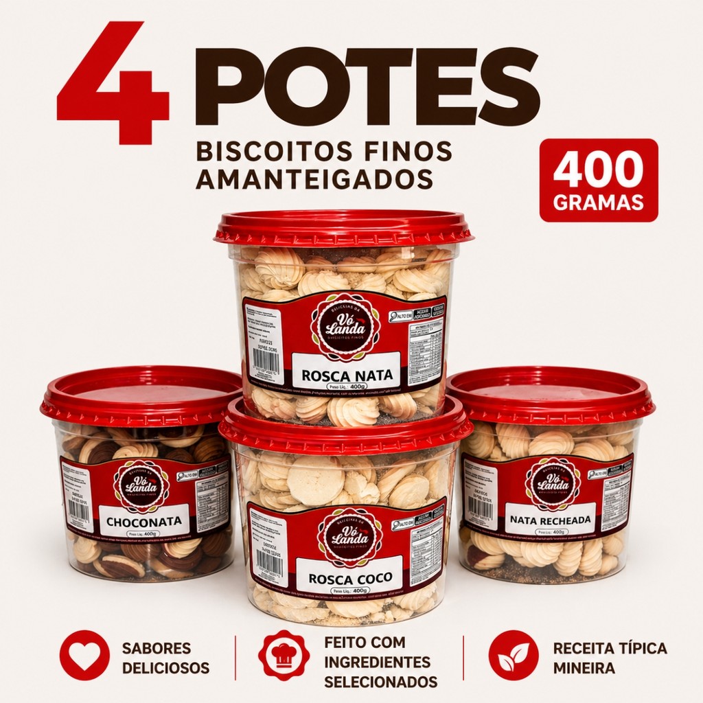Kit 4 Pote Biscoito Amanteigado Recheado Lembrancinha Revenda Atacado 400g
