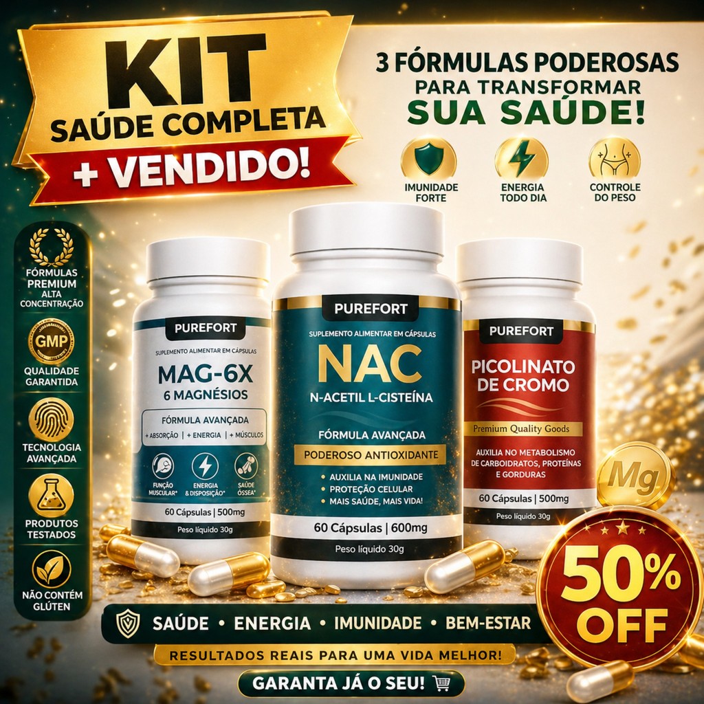 KIT PRO PERFORMACE NAC + MAGNÉSIO 6X + CROMO | ENERGIA, IMUNIDADE E PROTEÇÃO CELULAR 180 Cáps