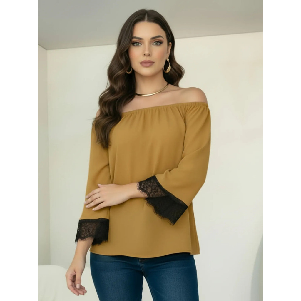 Blusa Bata Ombro a Ombro Feminina Manga Longa Flare Com Renda Decote Reto Ciganinha